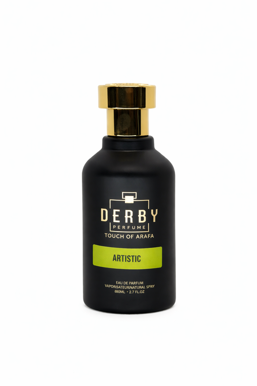 Black perfume bottle with gold cap labeled 'Derby' on a white background