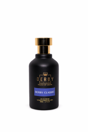 Black perfume bottle with gold cap labeled 'Derby' on a white background