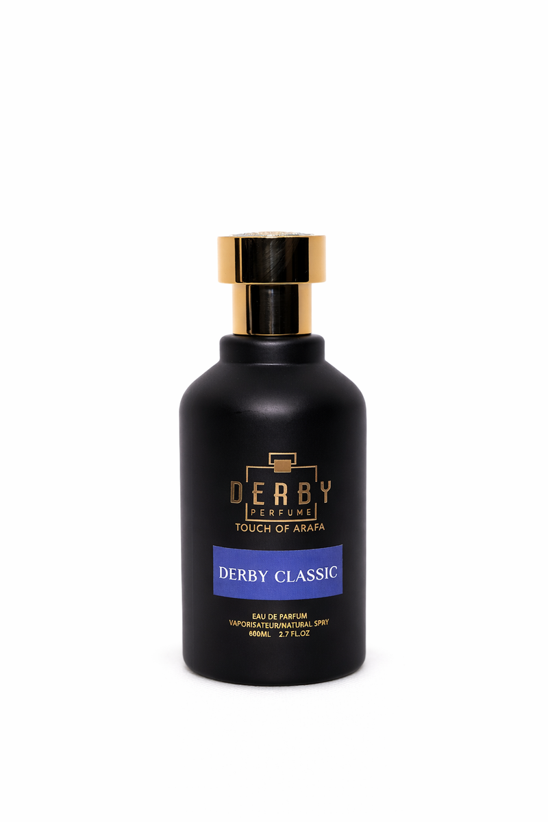Black perfume bottle with gold cap labeled 'Derby' on a white background