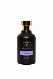 Black perfume bottle with gold cap labeled 'Derby' on a white background