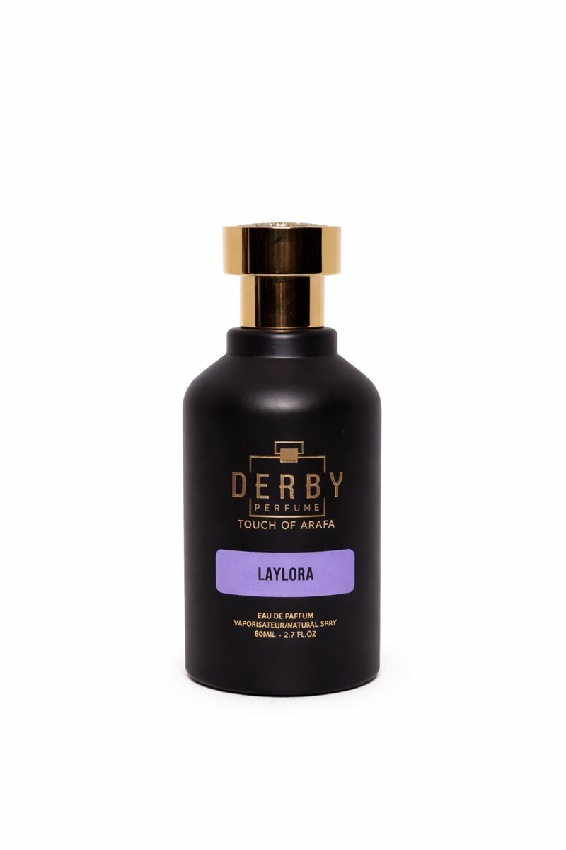 Black perfume bottle with gold cap labeled 'Derby' on a white background