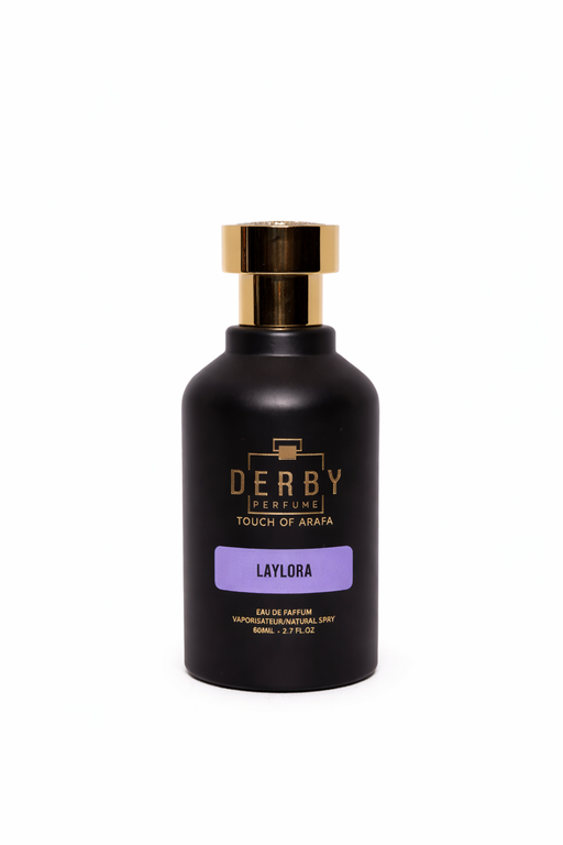 Black perfume bottle with gold cap labeled 'Derby' on a white background