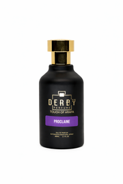 Black perfume bottle with gold cap on a white background