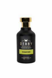 Black perfume bottle with gold cap labeled 'Derby Perfume' on a white background