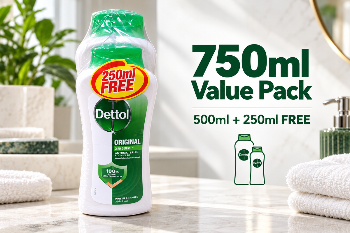 Dettol Original Antibacterial Body Wash – 500ml + 250ml Free Pack (1x3 pcs)