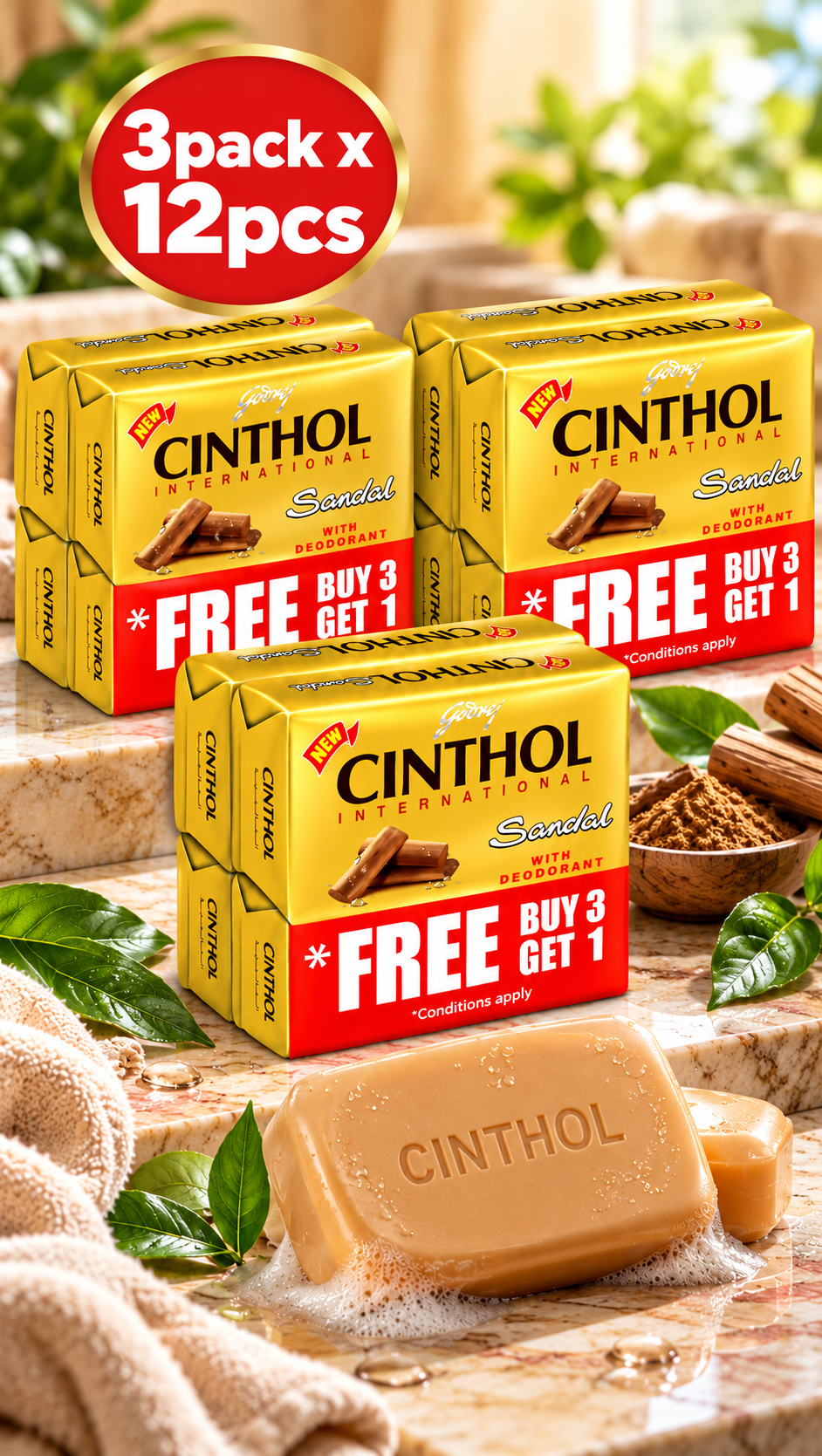 Cinthol Sandal Soap 175g  x 12 pcs – Fresh Cleansing with Sandal Fragrance
