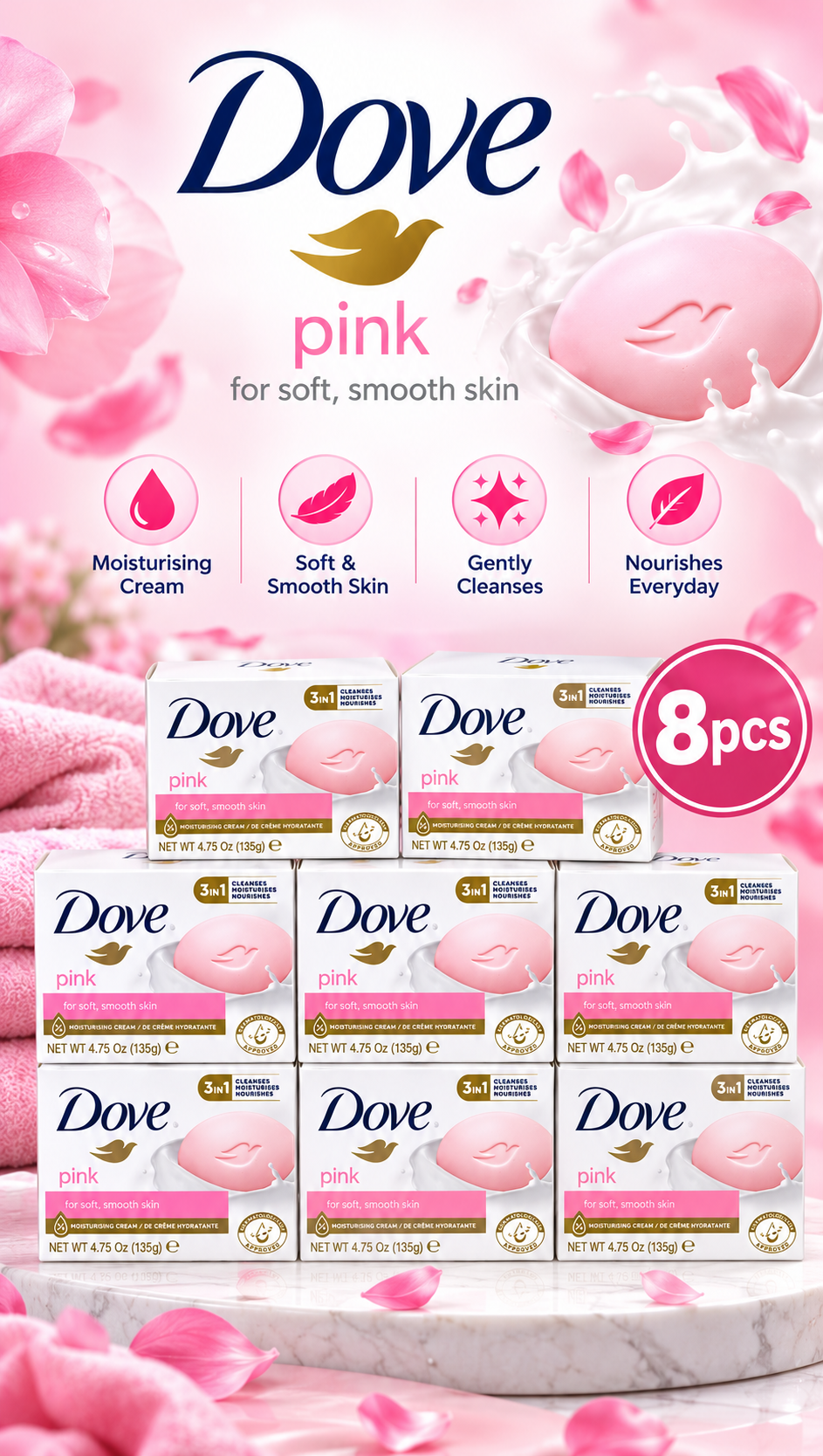 Dove Pink Beauty Bar 135g x 8pcs – Gentle Cleansing & Soft Skin Care
