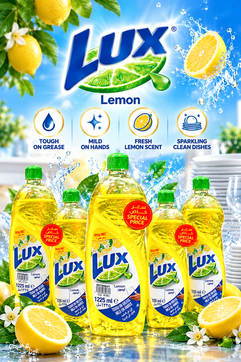 Lux Lemon Dishwashing Liquid 1225ml + 725ml Value Pack3 - 6Botals