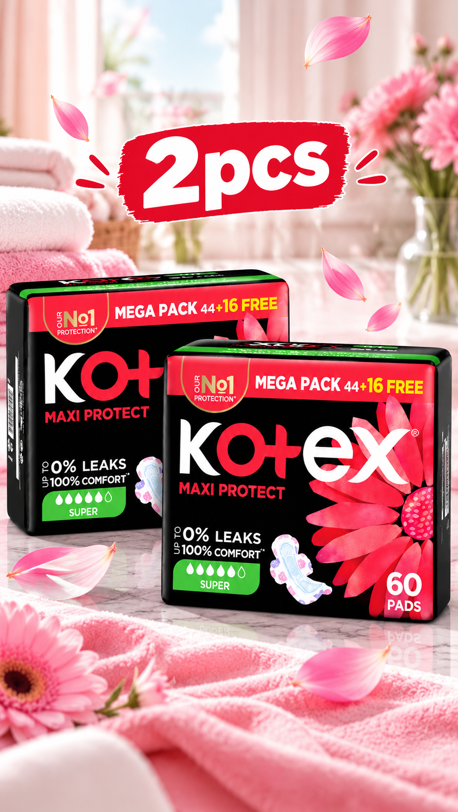 Kotex Maxi Pads Super – 60 Pads Mega Pack x 2 packs =120 total pads