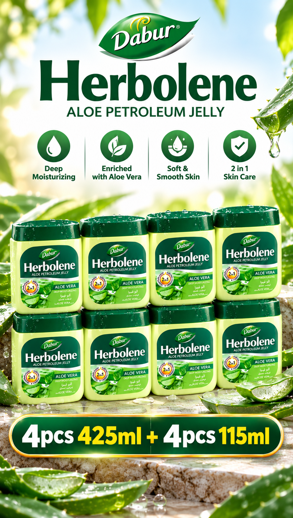 Dabur Herbolene Aloe Petroleum Jelly Value Pack – 425ml 4pcs + 115ml 4pcs