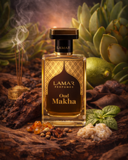 Lamar Perfumes Oud Makha perfume bottle with natural elements on a dark background