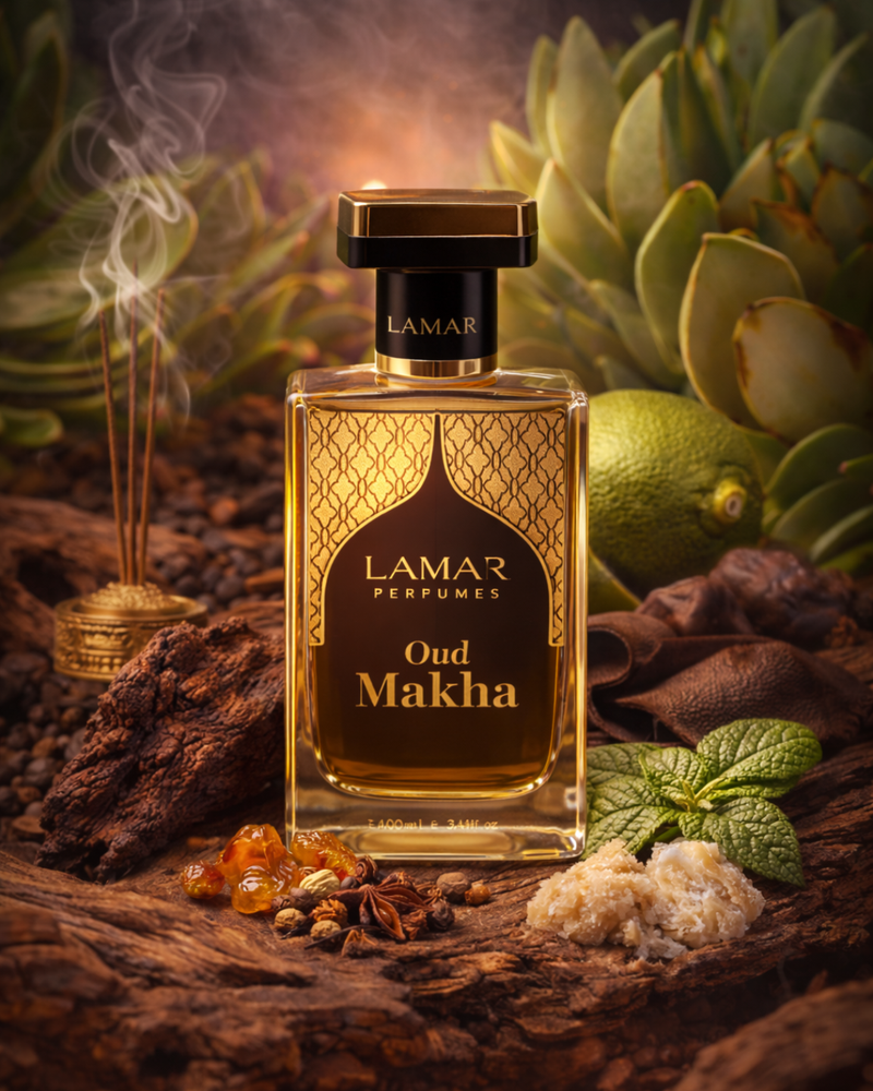Lamar Perfumes Oud Makha perfume bottle with natural elements on a dark background