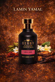 Perfume bottle labeled 'Derby' with decorative elements on a warm brown background
