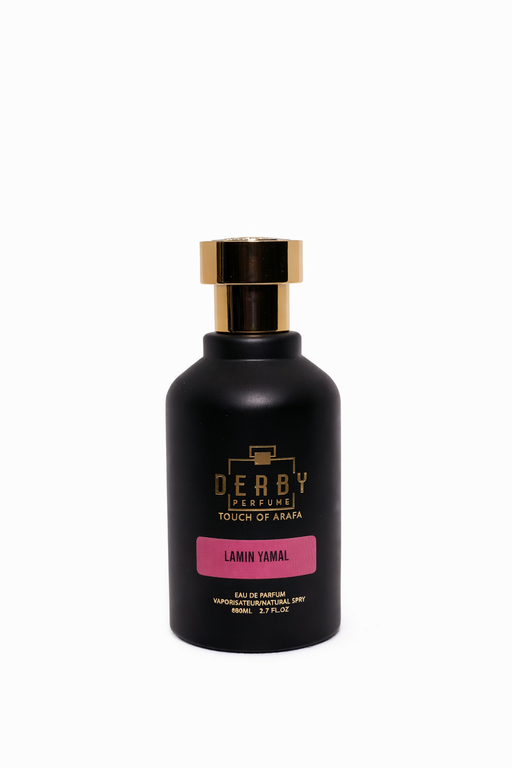 Black perfume bottle with gold cap and 'Derby' branding on a white background