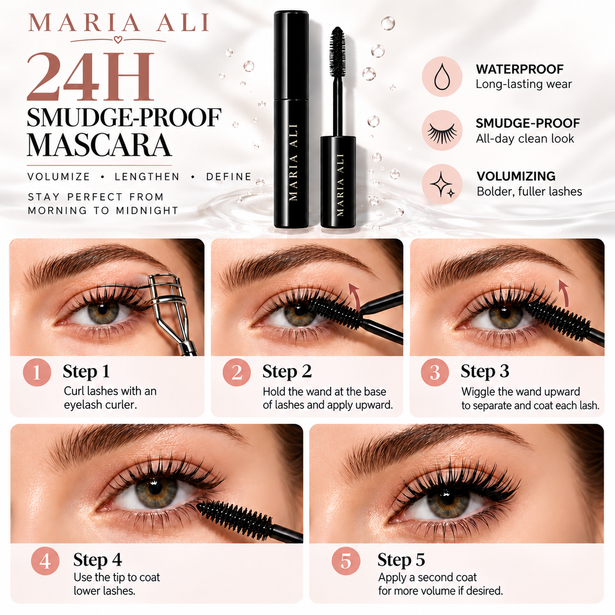 Big Gel Waterproof Mascara by MARIA ALI -Volumising & Long-Lasting 24-Hour Wear up 12x Volume Smudge-Proof Black