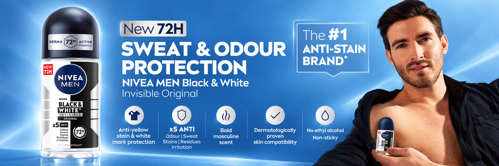 Nivea Men Black & White Invisible Antiperspirant Roll-On Deodorant Original 72H Active Protection 50 ml