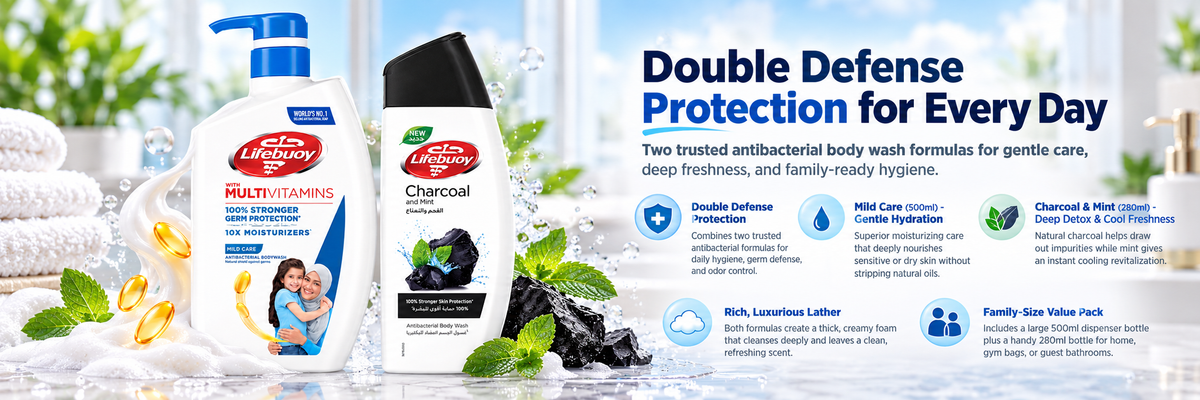 Lifebuoy Antibacterial Body Wash Duo Pack | Mild Care 500ml & Charcoal & Mint 280ml