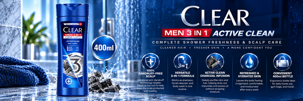 Clear Men 3-in-1 Active Clean Shampoo for Hair, Face & Body | 400ml