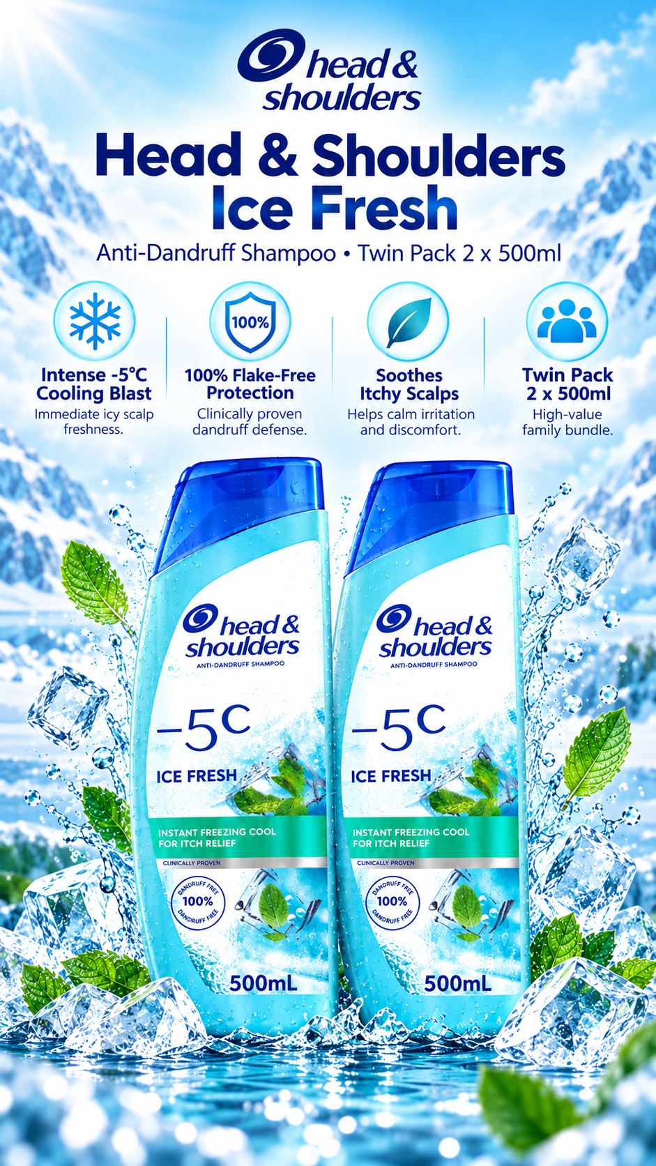 Head & Shoulders -5°C Ice Fresh Anti-Dandruff Shampoo | Value Pack 2 x 500ml
