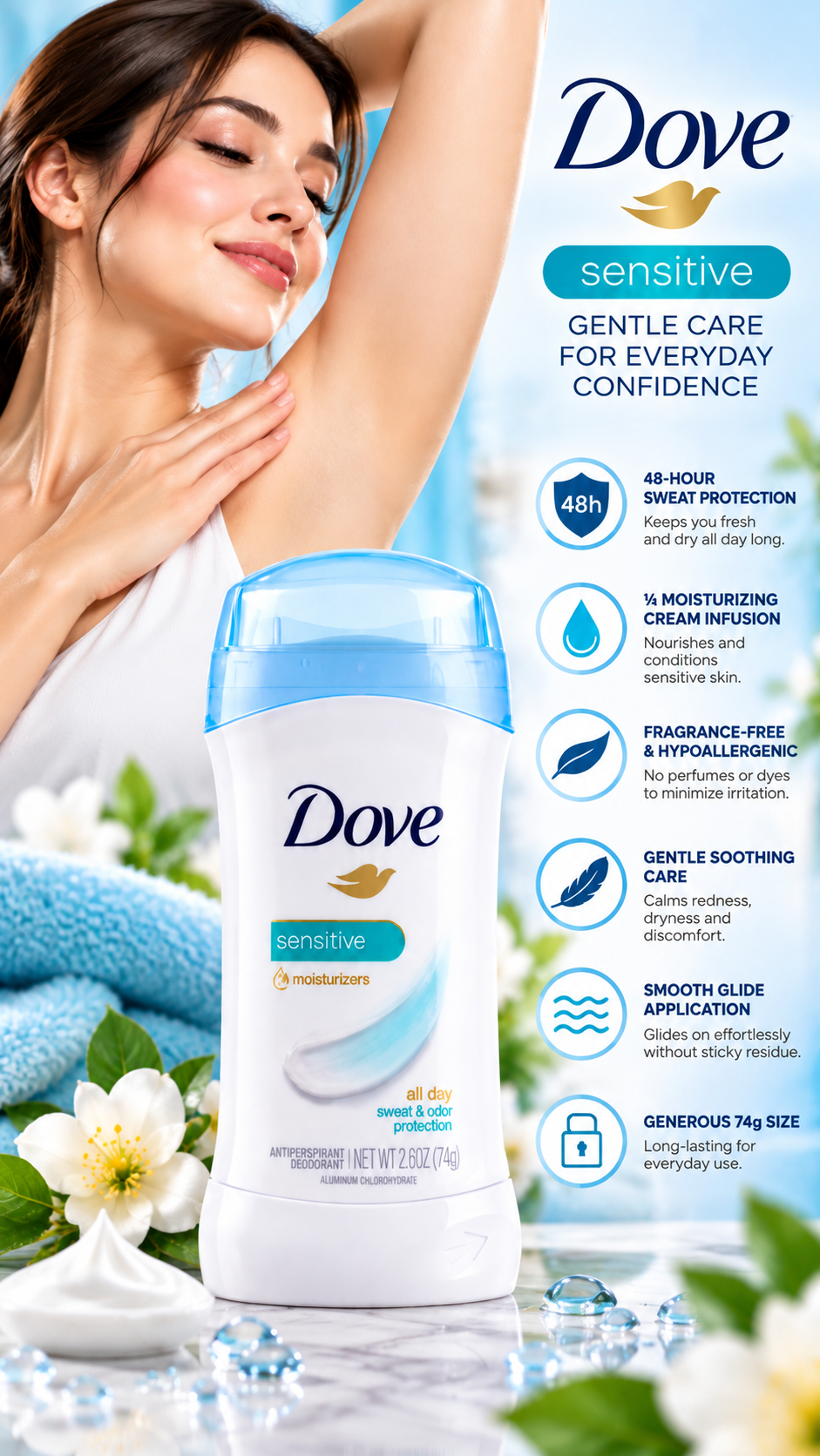 Dove Advanced Care Sensitive Skin Antiperspirant Deodorant Stick | 74g