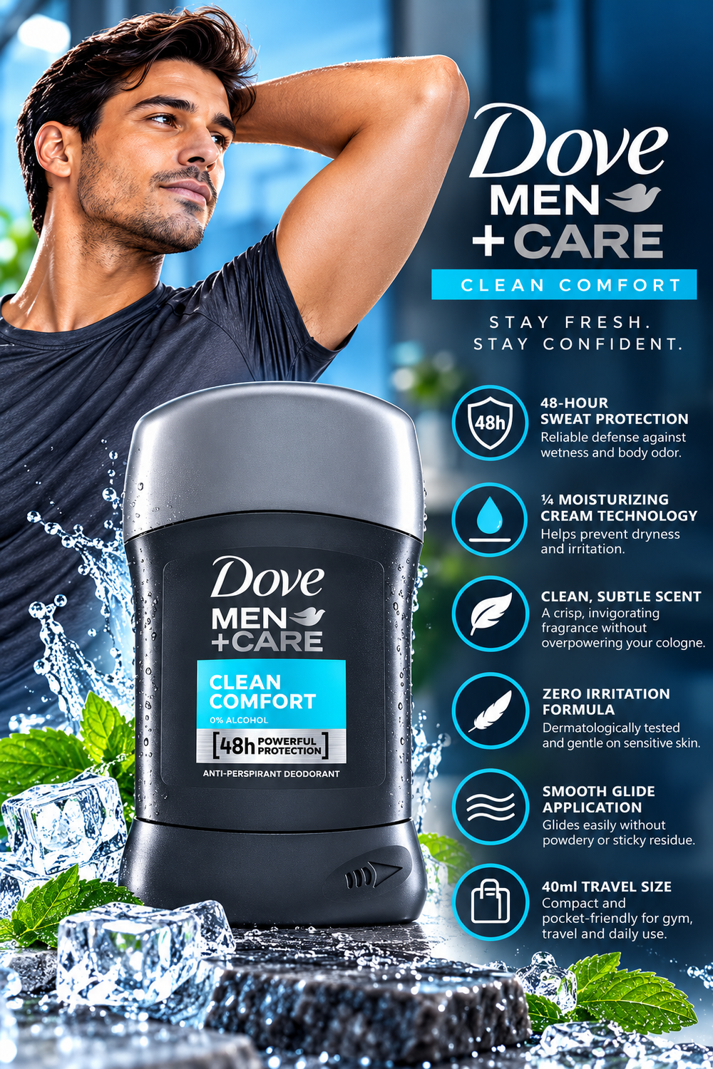 Dove Men+Care Clean Comfort Antiperspirant Deodorant Stick | 40ml