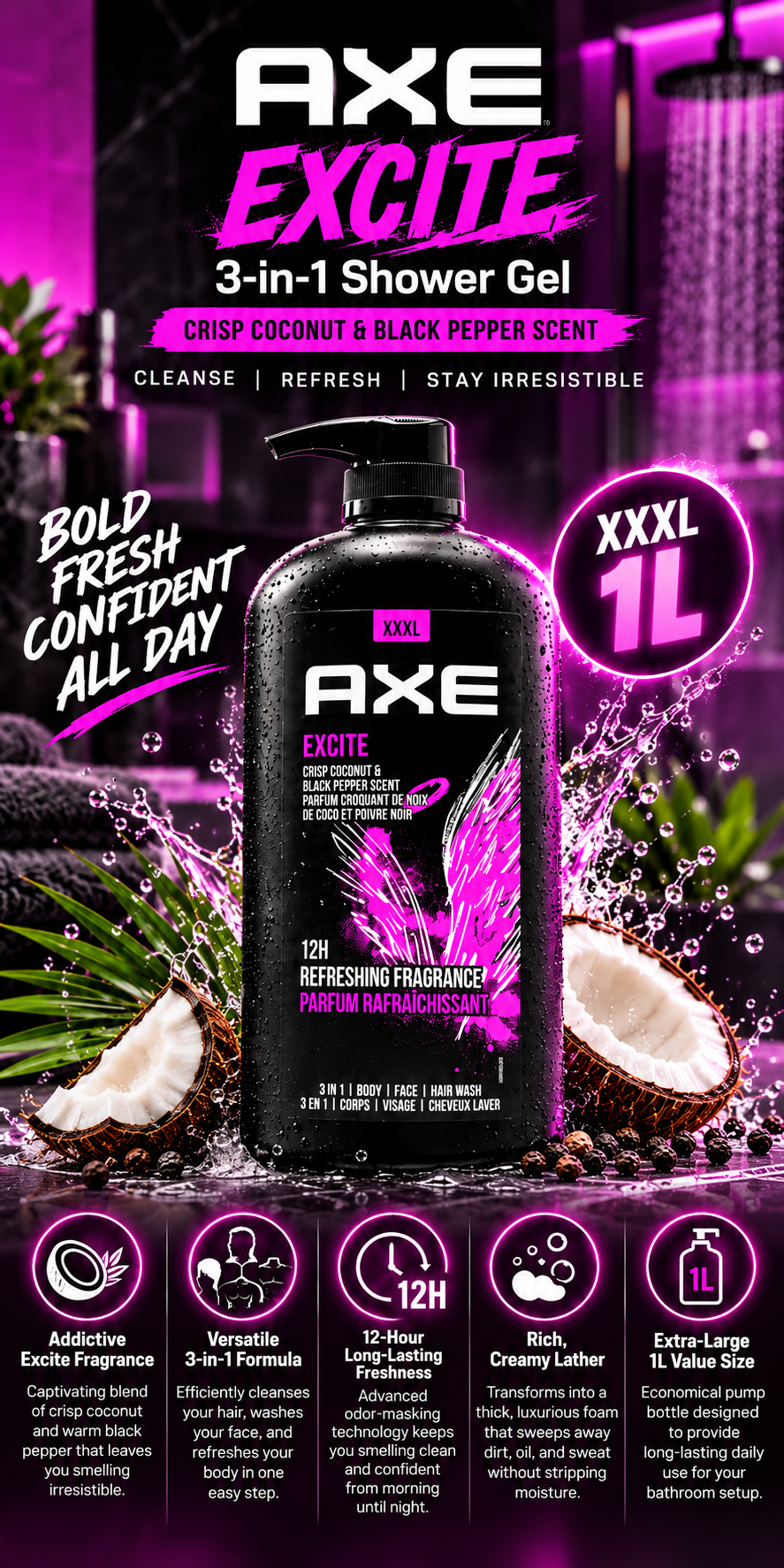 Axe Excite Daily Fragrance Cleanser for Hair, Face and Body - 1L Bottle