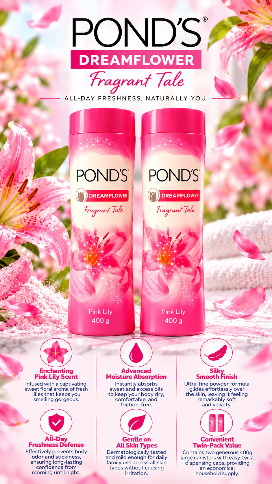 Pond's Dreamflower Pink Lily Fragrant Talcum Powder - 2 x 400g (Twin Value Pack)