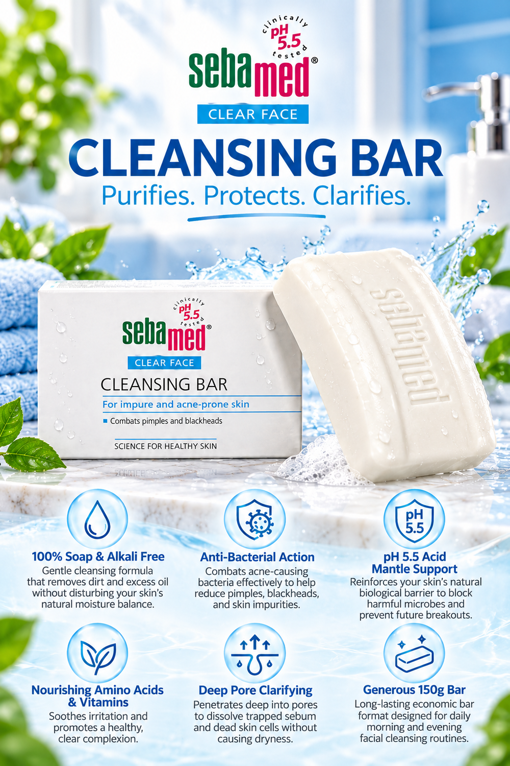 Sebamed Clear Face Cleansing Bar Soap for Acne-Prone Skin | 150g
