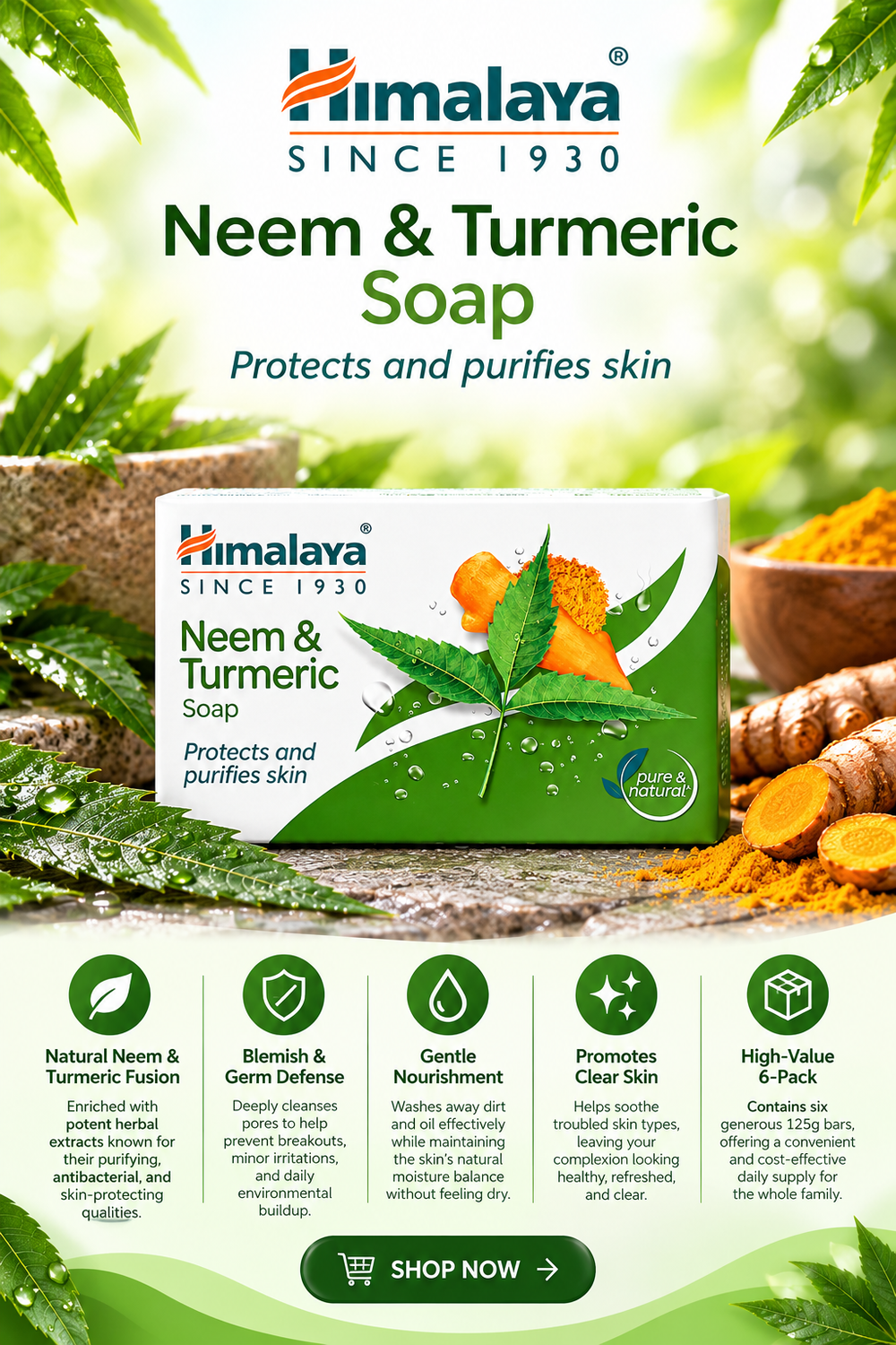 Himalaya Herbal Soap for Clear Skin - Neem & Turmeric (6 x 125g Multi-Pack)
