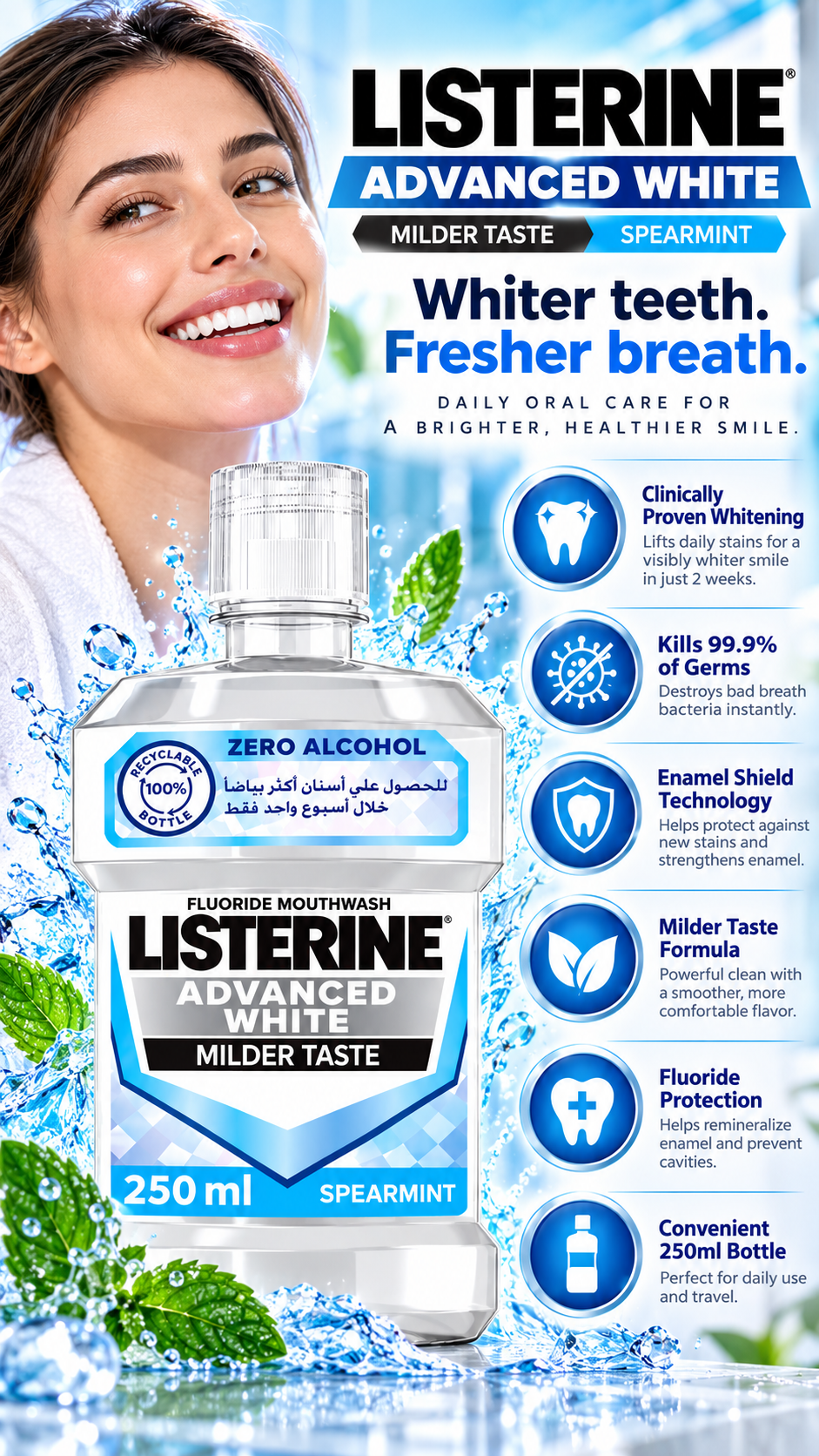 Listerine Advanced White Milder Taste Spearmint Mouthwash | 250ml