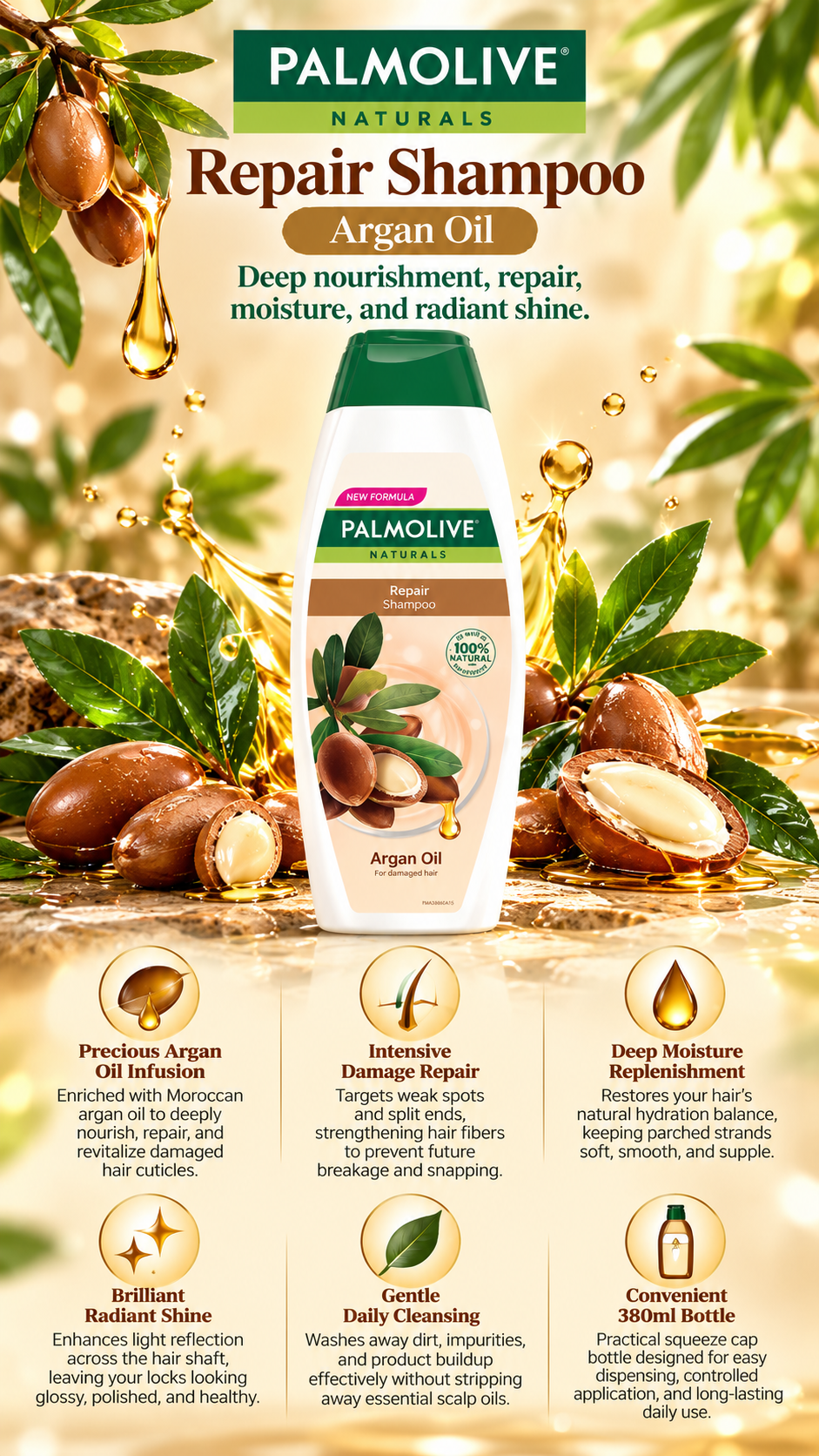 Palmolive Long & Vital Repair Shampoo Infused with Argan Oil | 380ml