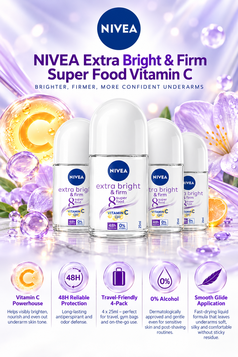 NIVEA Extra Brightening Underarm Roll-On Deodorant | 4 x 25ml
