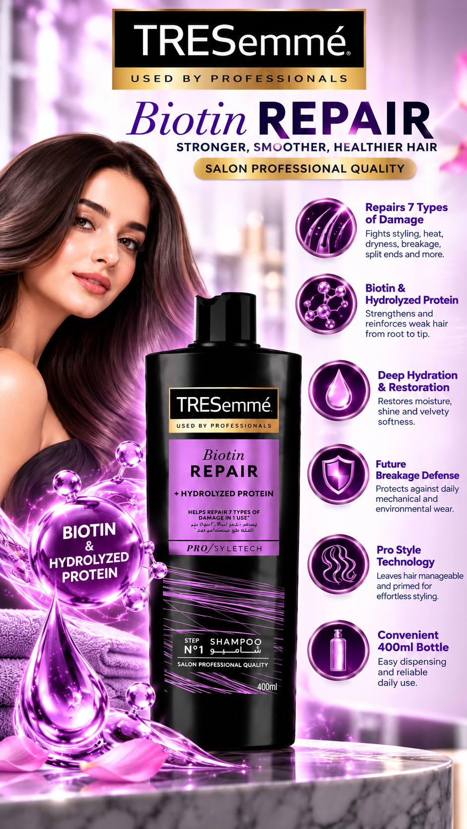 TRESemmé Biotin Repair + Hydrolyzed Protein Shampoo for Damaged Hair | 400ml