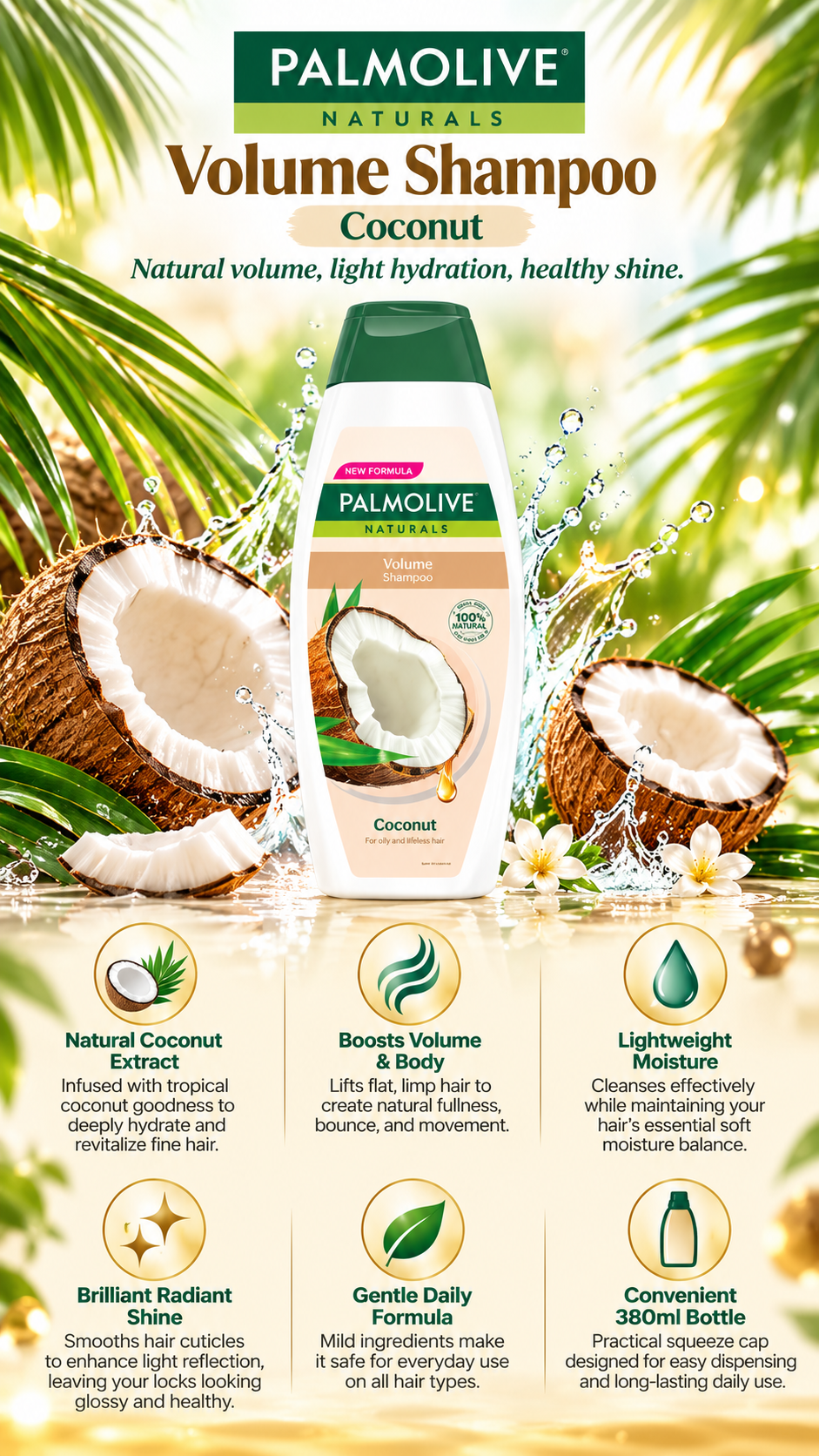 Palmolive Naturals Volume Shine Shampoo for Fine Hair - Coconut (380 ml)