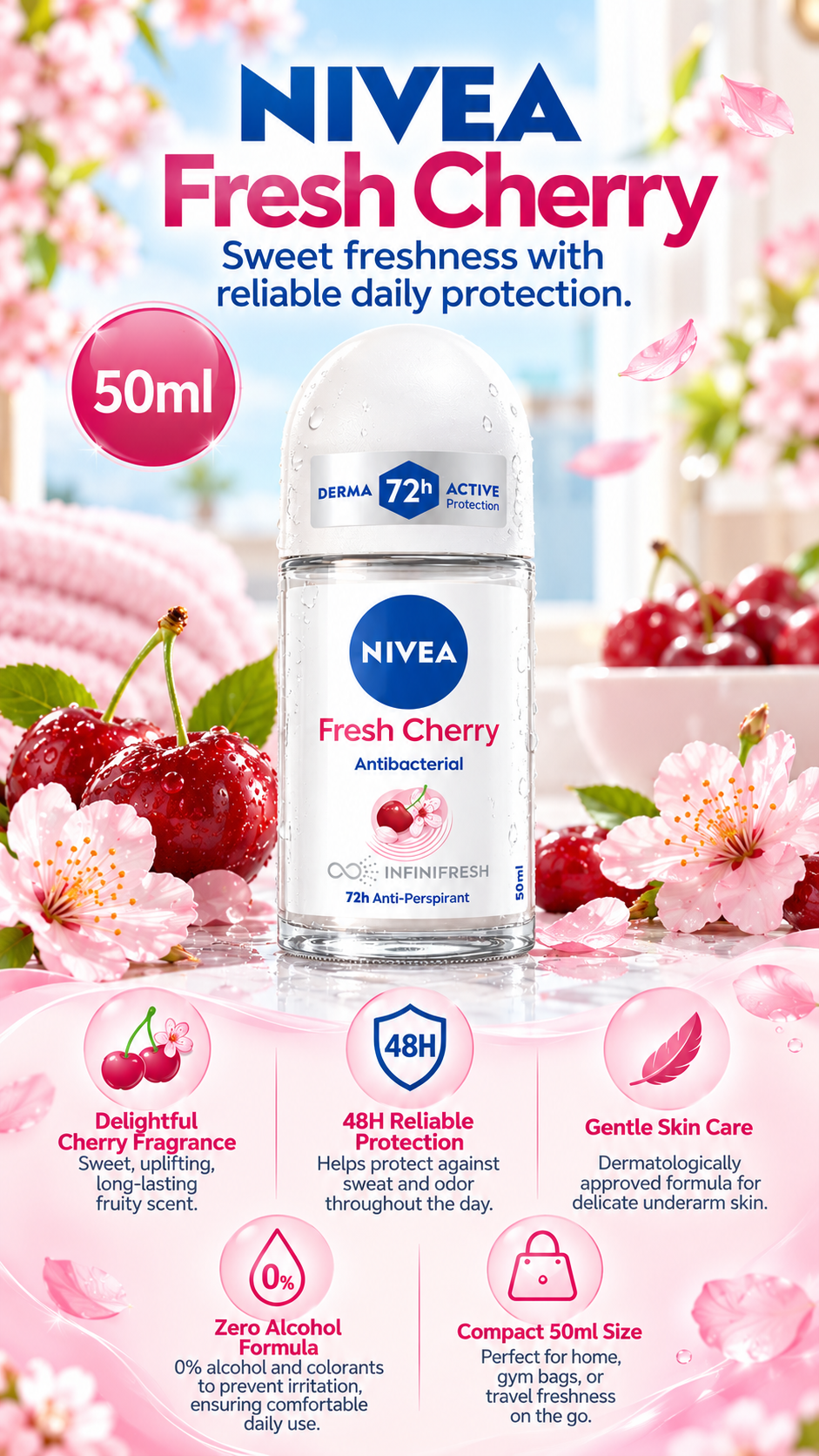 Nivea Women's Fresh Cherry Scent Antiperspirant Care - 50 ml Roll-On