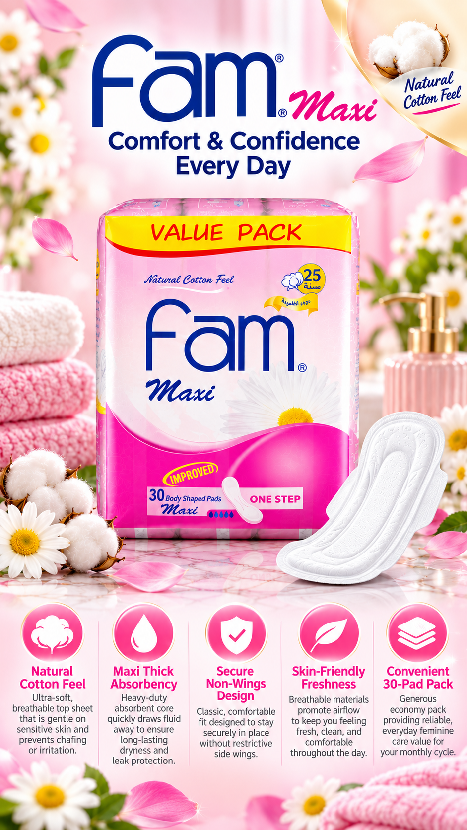 Fam Sanitary Pads Maxi Thick Non-Wings with Soft Cotton Touch (30 Pcs Pack)