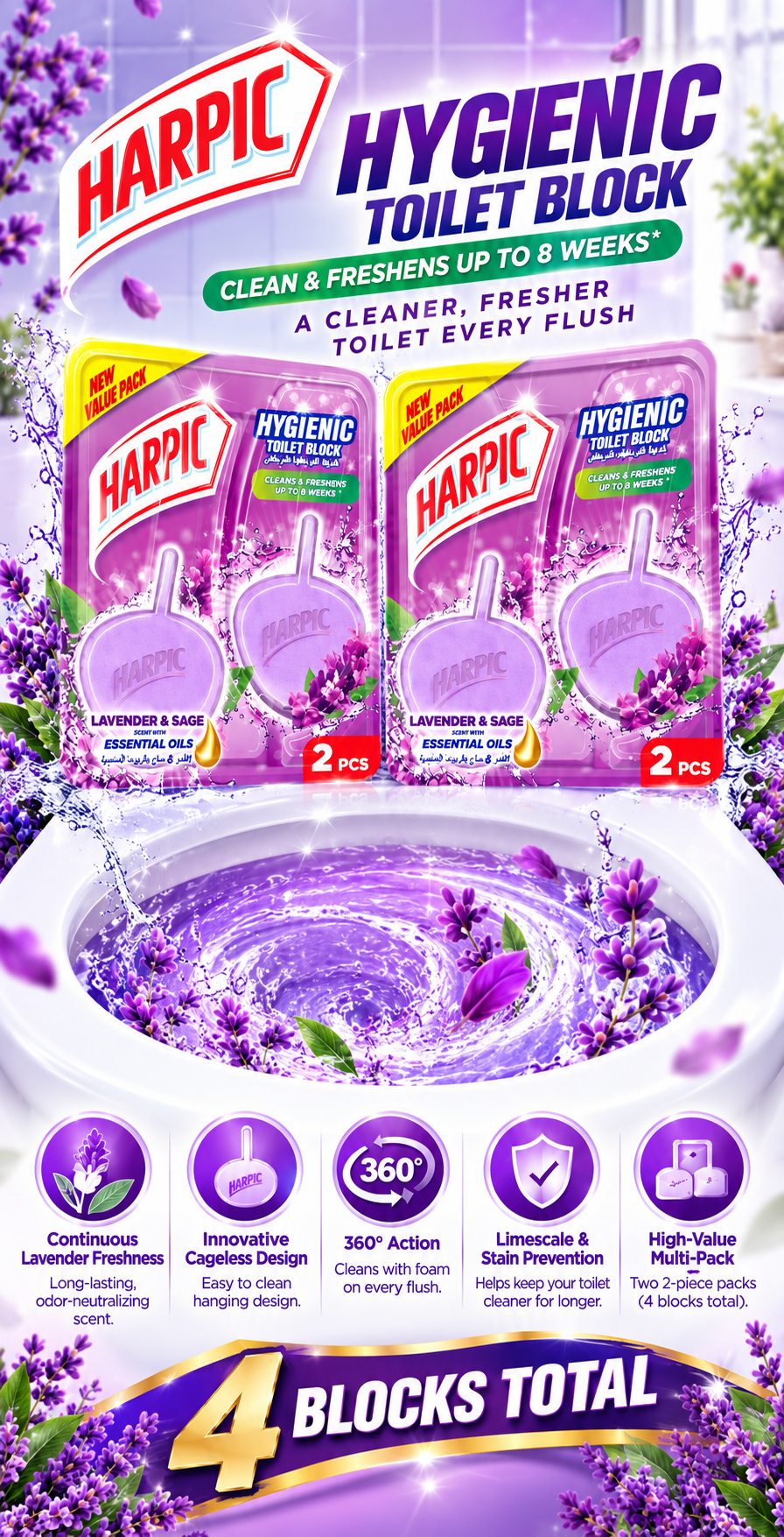 Harpic Lavender Hygiene Cageless Toilet Block | 2-Piece Pack (2 Packs Total)
