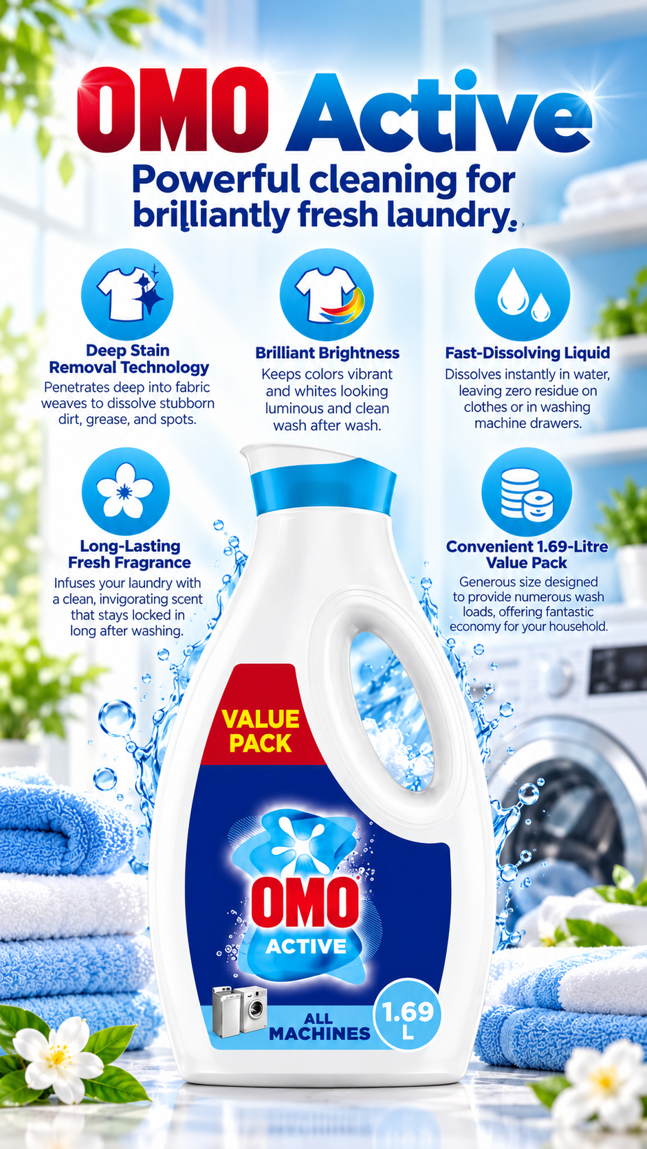 OMO Active Liquid Laundry Detergent - High Efficiency Value Size (1.69L)