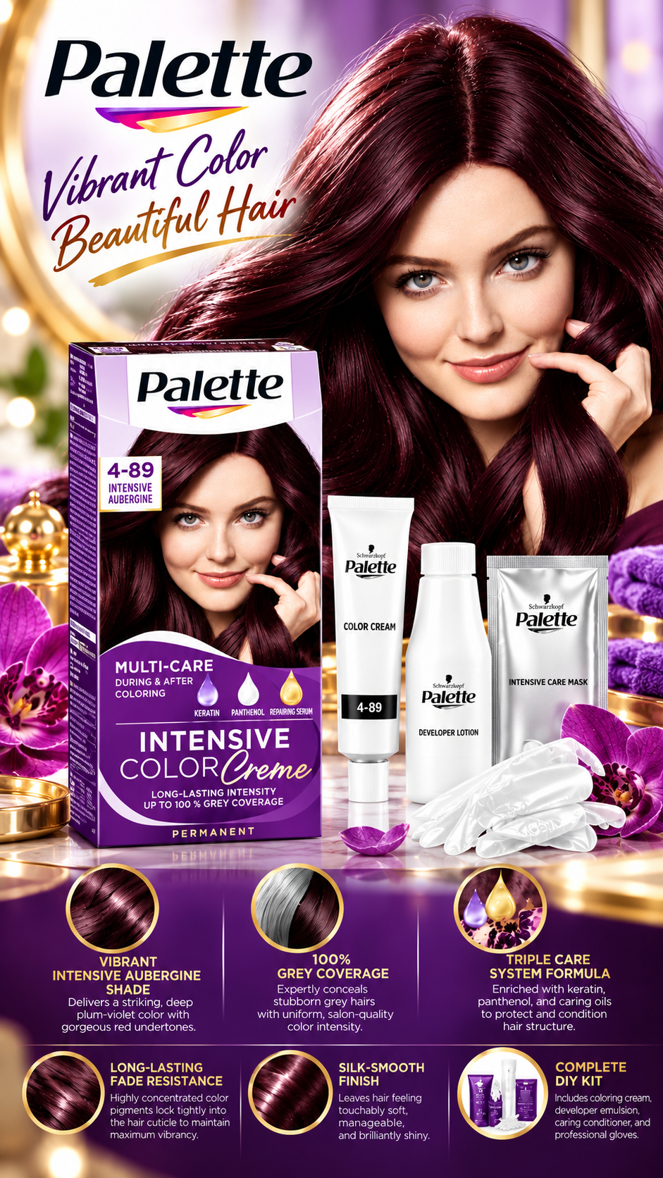 Palette Permanent Hair Color Cream with Triple Care System - 4-89 Aubergine