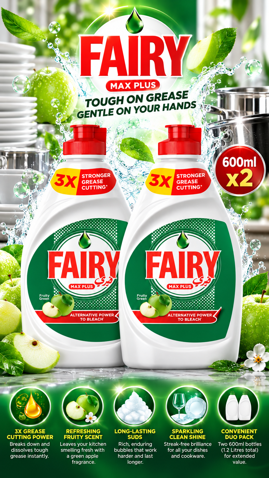 Fairy Dishwashing Liquid Soap - Green Apple Scent (Dual 600ml Value Pack)