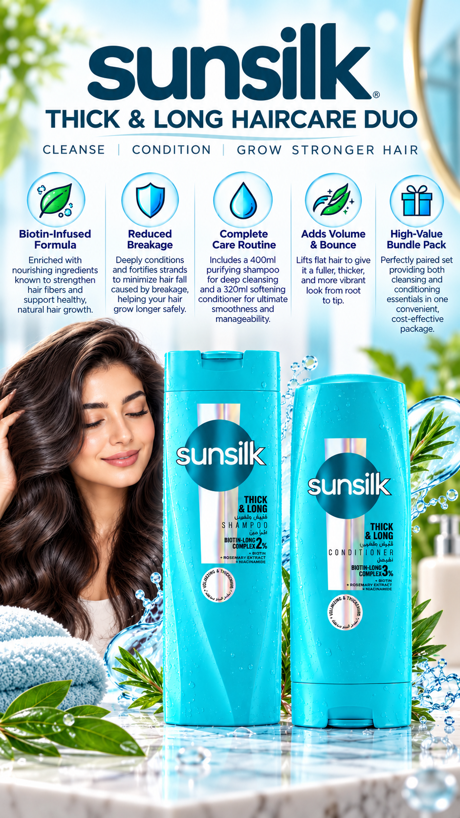 Sunsilk Thick & Long Hair Care Duo | Shampoo 400ml & Conditioner 320ml Bundle