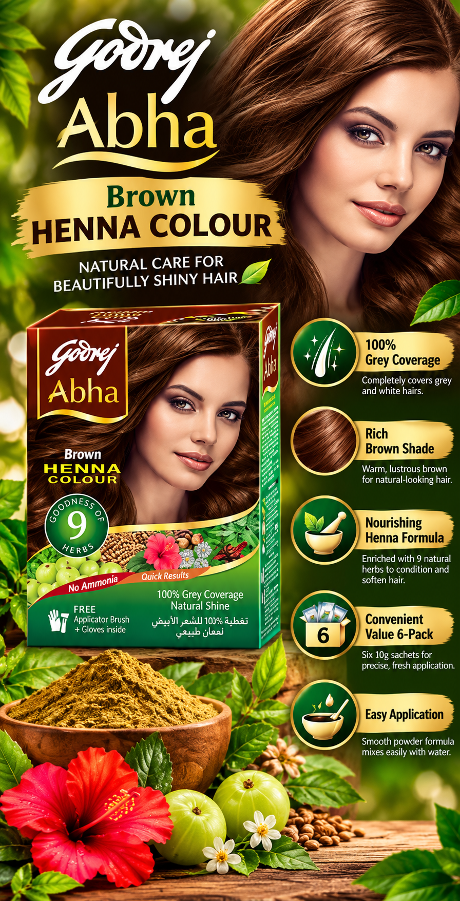 Godrej Abha Henna Hair Color - Rich Brown Shade (6-Sachet Multi-Pack)