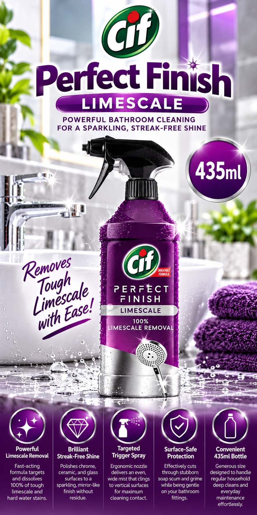 Cif Perfect Finish Limescale Removal Spray | Bathroom Cleaner | 435ml
