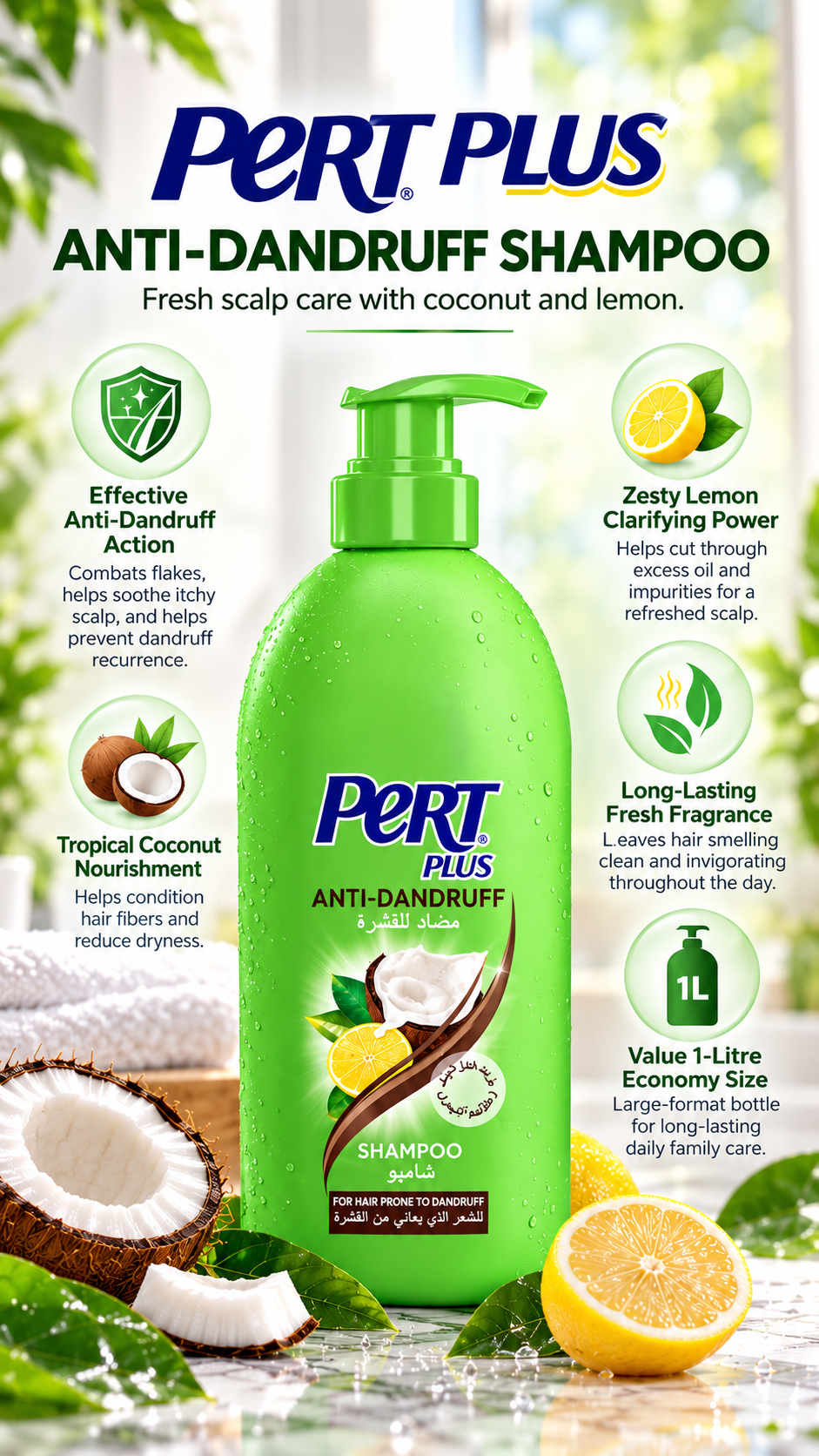 Pert Plus Scalp Care Shampoo with Coconut & Lemon Extracts - Value 1L Bottle