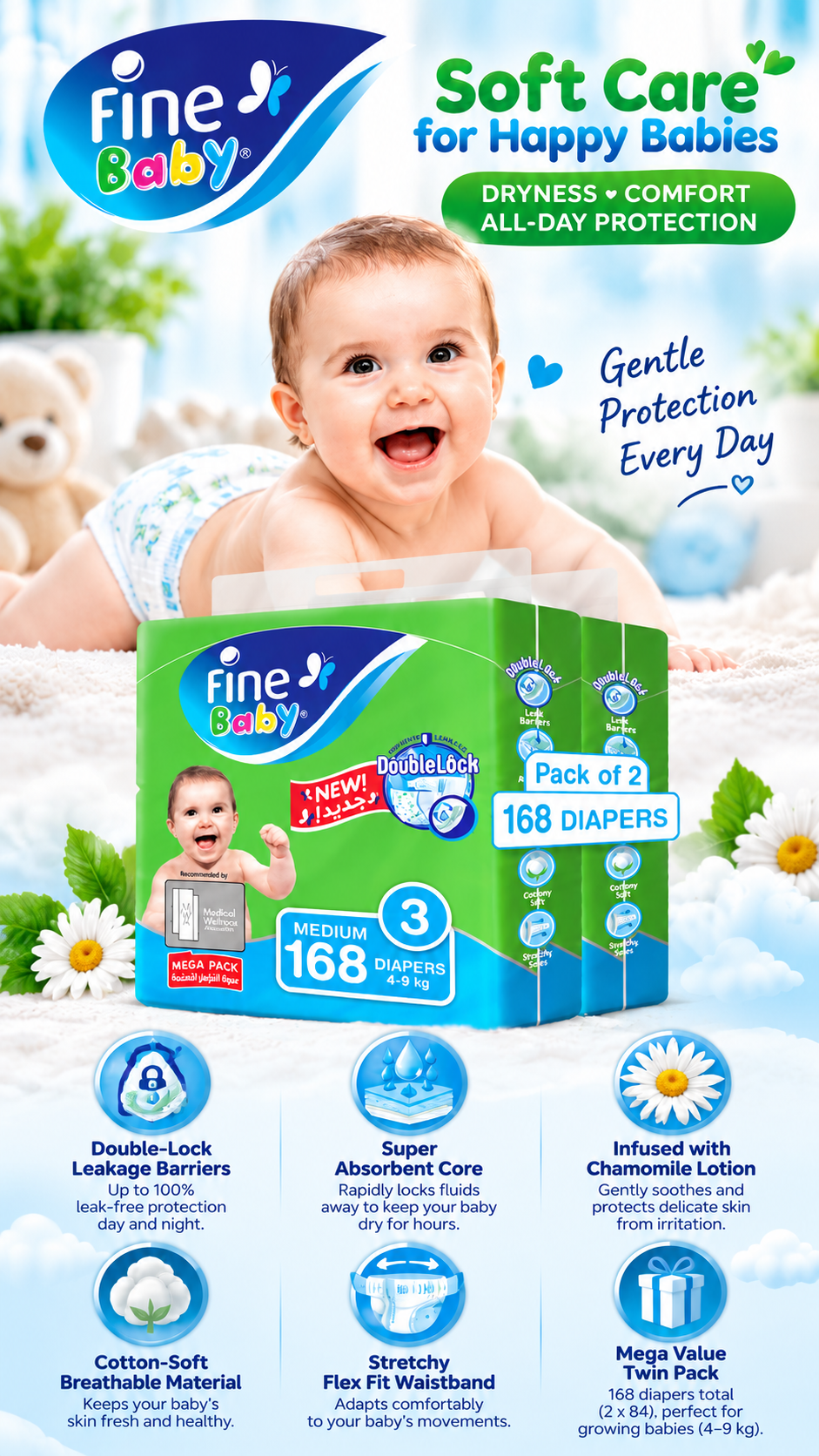 Fine Baby Diapers Size 3 Medium (4-9 kg) | Mega Value Pack (2 x 84 Count / 168 Diapers)
