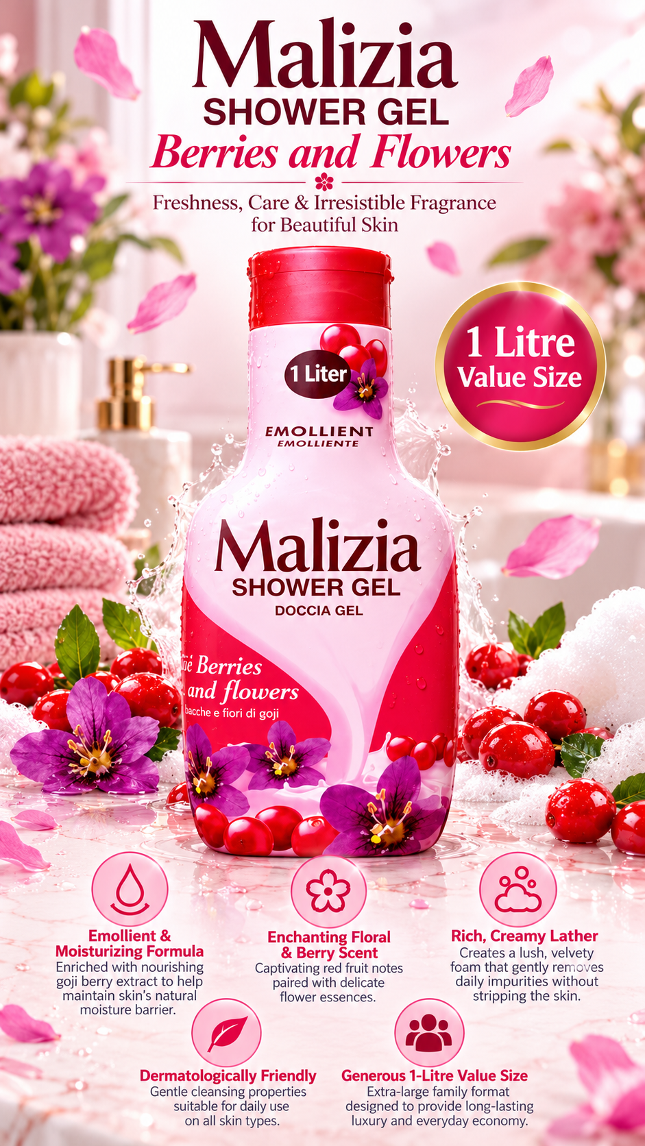 Malizia Emollient Bath Foam | Goji Berries & Flowers Scent | 1000 ml