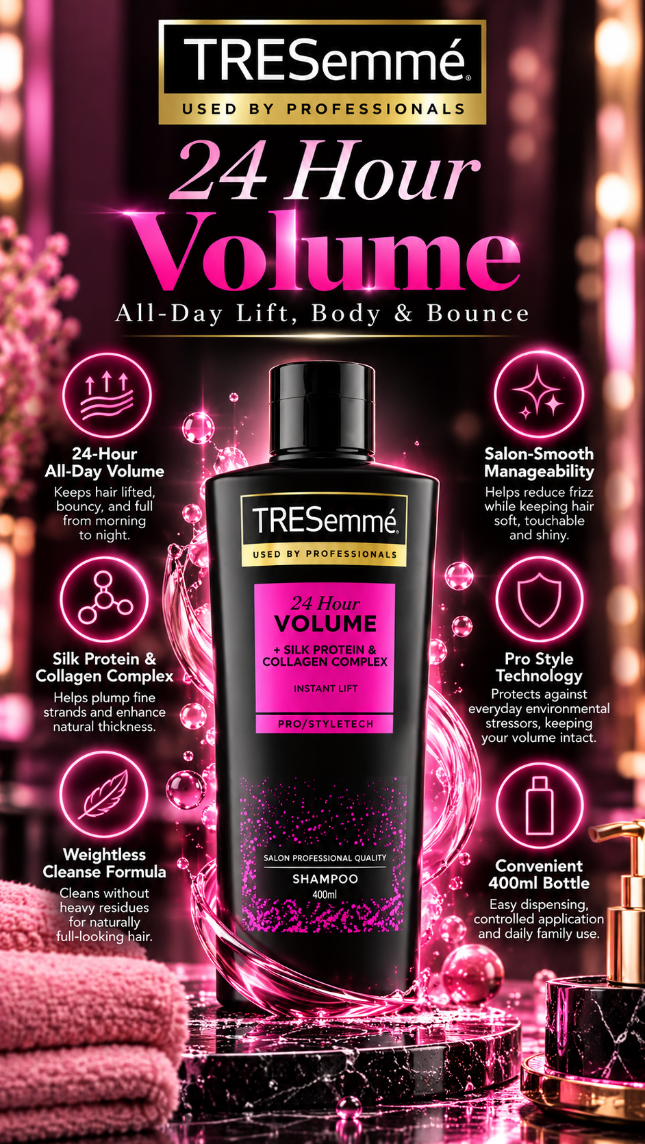TRESemmé 24 Hour Body Volume Shampoo with Silk Protein & Collagen | 400ml
