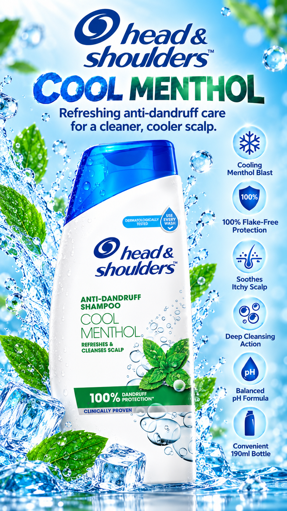 Head & Shoulders Cool Menthol Anti-Dandruff Shampoo for Men & Women - 190ml