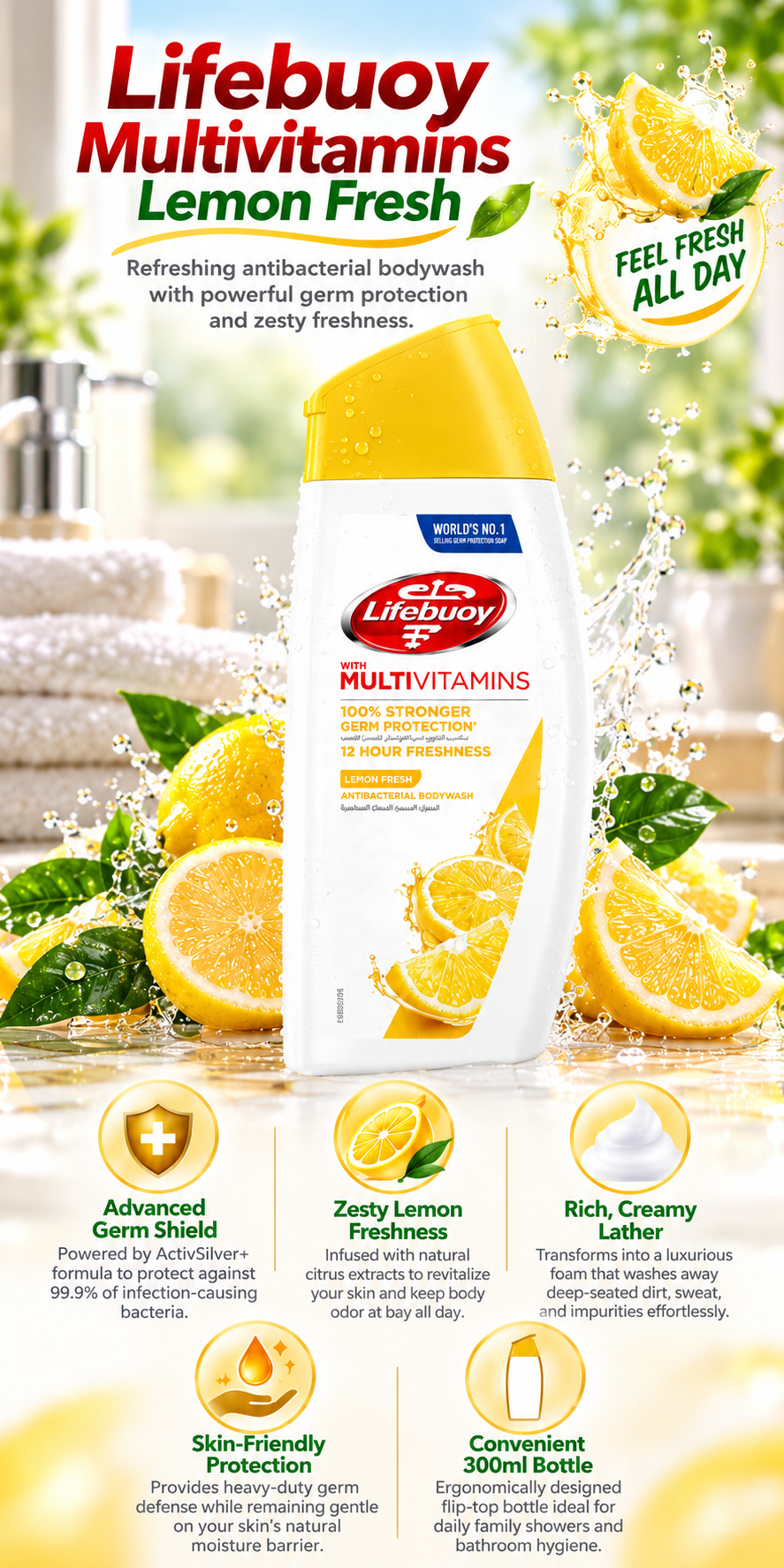 Lifebuoy Lemon Fresh Anti-Bacterial Body Wash | 300 ml | Germ Protection