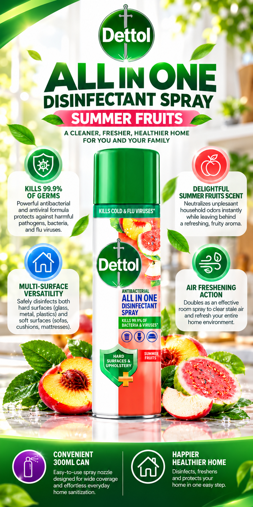 Dettol All-in-One Disinfectant Spray | Summer Fruits Scent | 300ml